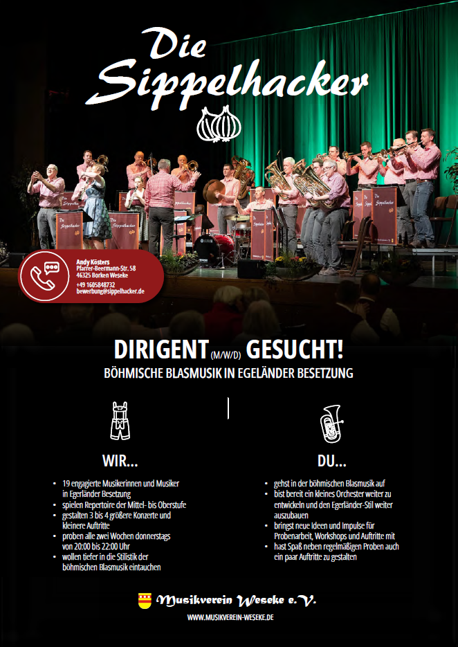 Plakat für die Dirigentensuche. Die Sippelhacker musizieren auf einem Konzert in der Borkener Stadthalle.